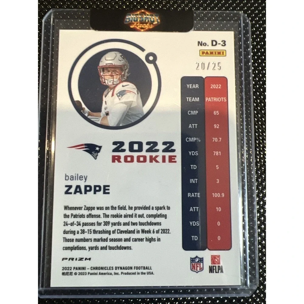 2022 Panini Chronicles Bailey Zappe Dynagon RC Blue /25 Patriots D-3